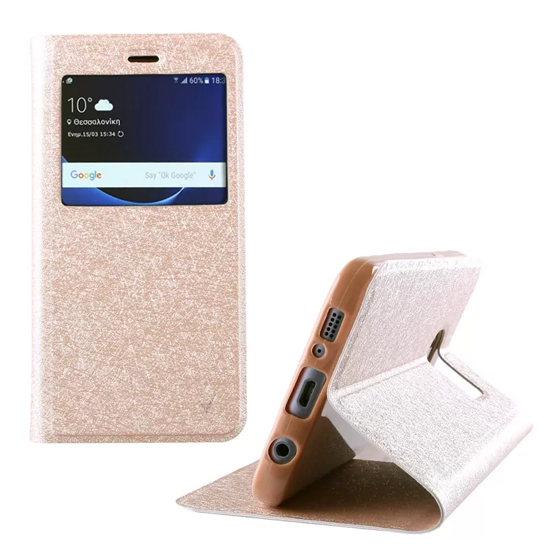 matshop.gr - VOLTE-TEL ΘΗΚΗ SAMSUNG S7 G930 LEATHER GOLD-TPU VIEW BOOK STAND