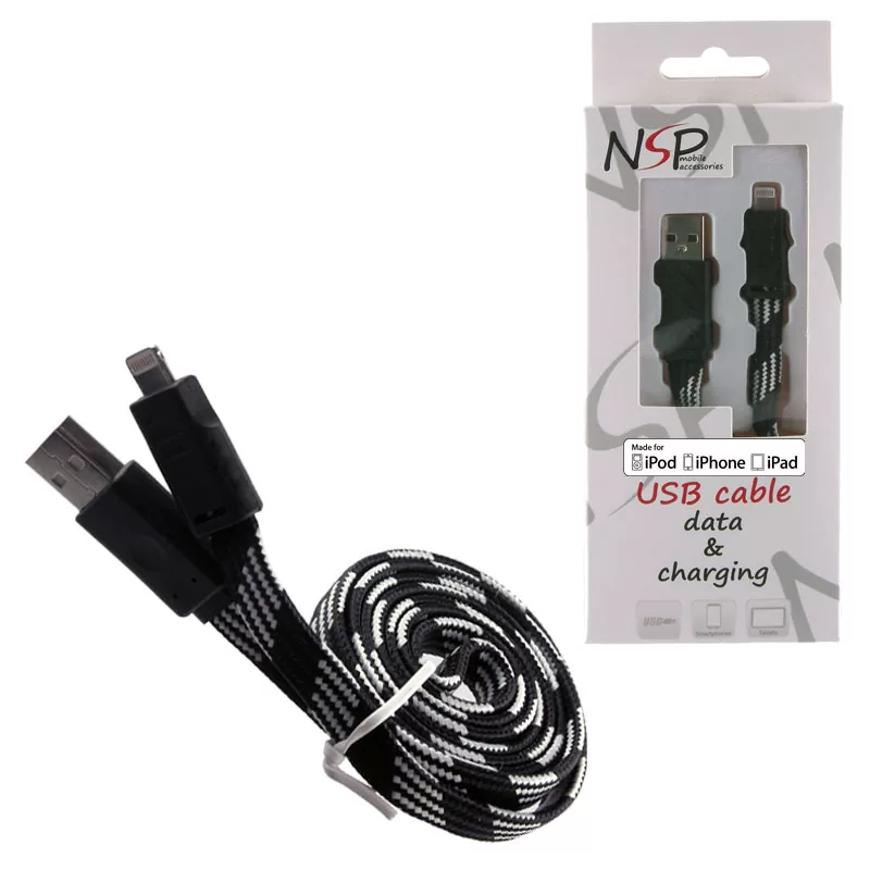 matshop.gr - NSP LIGHTNING FLAT BRAIDED 10mm USB 2.1A ΦΟΡ-DATA 1m BLACK iOS11