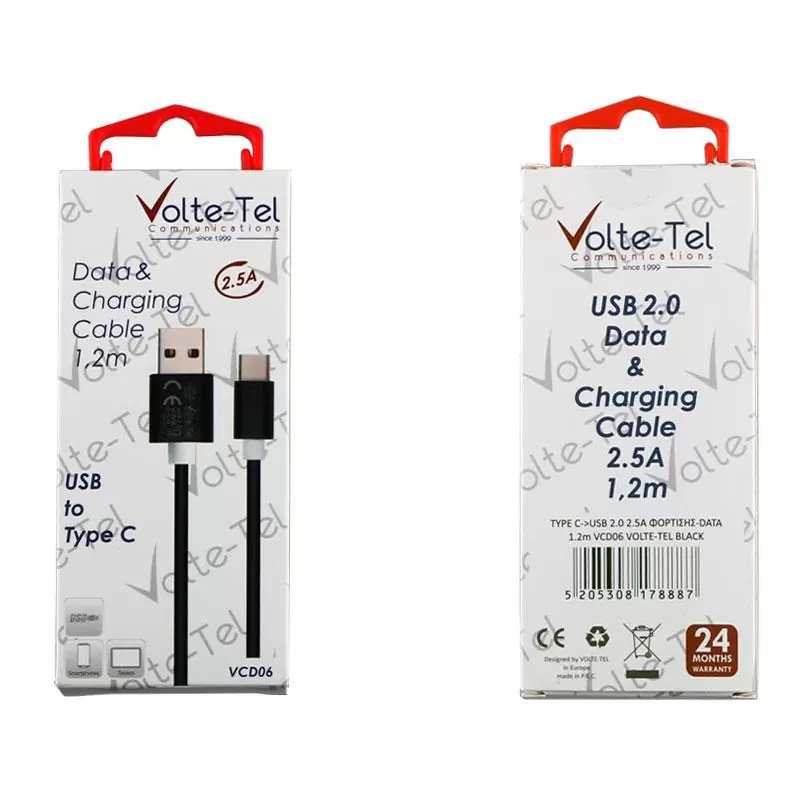matshop.gr - VOLTE-TEL TYPE C->USB 2.0 ALUMINIUM 2.5A ΦΟΡΤΙΣΗΣ-DATA 1.2m VCD06 BLACK