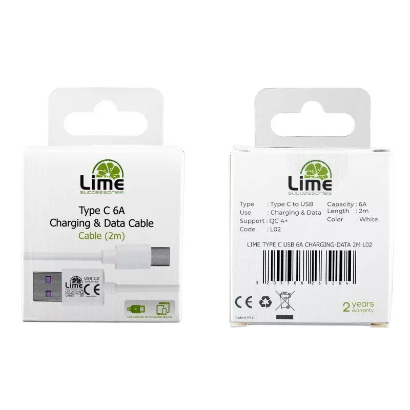 matshop.gr - LIME TYPE C USB 6.0A ΦΟΡΤΙΣΗΣ-DATA 2m L02 WHITE