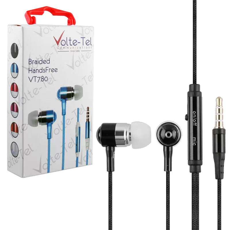matshop.gr - HANDS FREE UNIVERSAL 3.5mm 1.2m BRAIDED VT780 STEREO ON/OFF BLACK VOLTE-TEL