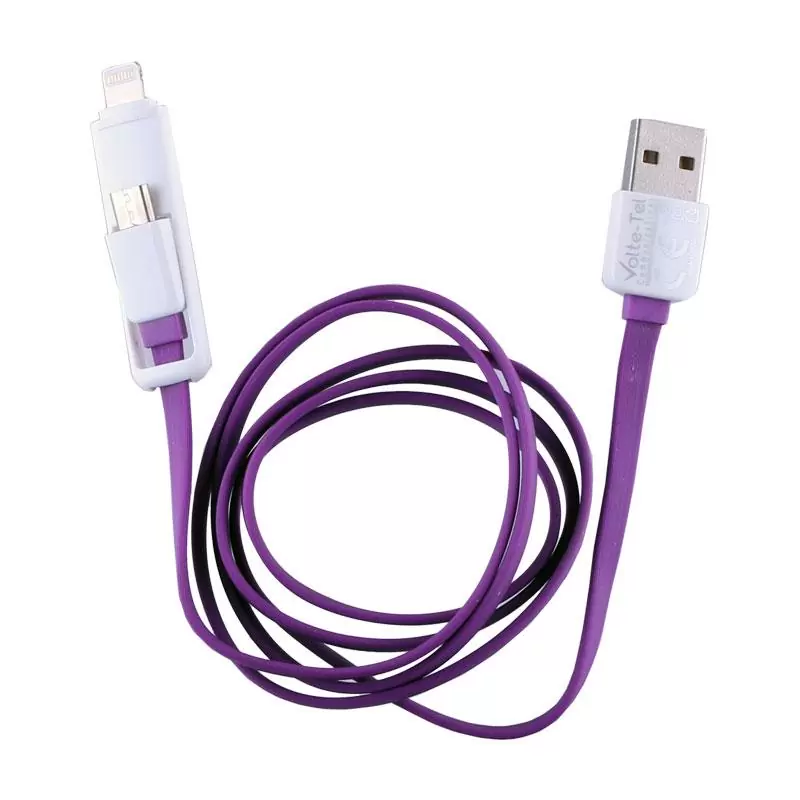 matshop.gr - VOLTE-TEL USB 2in1 FLAT 2.1A ΦΟΡΤ-DATA 1m MICRO USB+LIGHTNING PURPLE