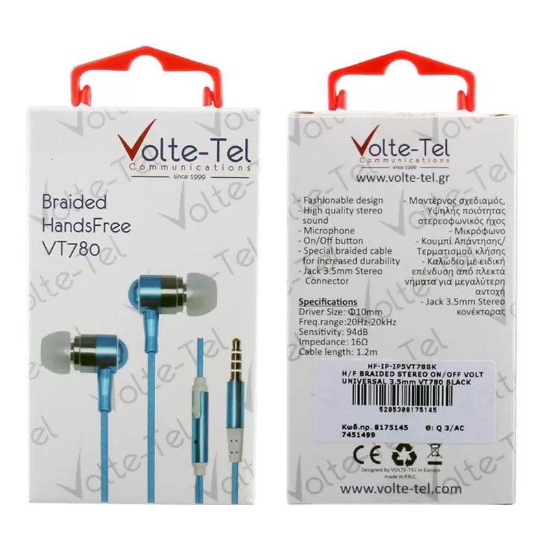 matshop.gr - HANDS FREE UNIVERSAL 3.5mm 1.2m BRAIDED VT780 STEREO ON/OFF BLACK VOLTE-TEL