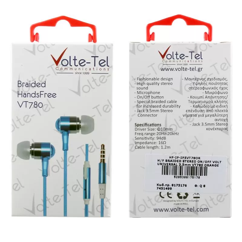 matshop.gr - HANDS FREE UNIVERSAL 3.5mm 1.2m BRAIDED VT780 STEREO ON/OFF ORANGE VOLTE-TEL