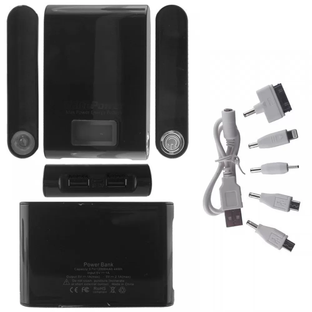 matshop.gr - EXTERNAL POWER BANK 12000mAh 2.1A+1A +TORCH + 5 CONNECTORS BLACK