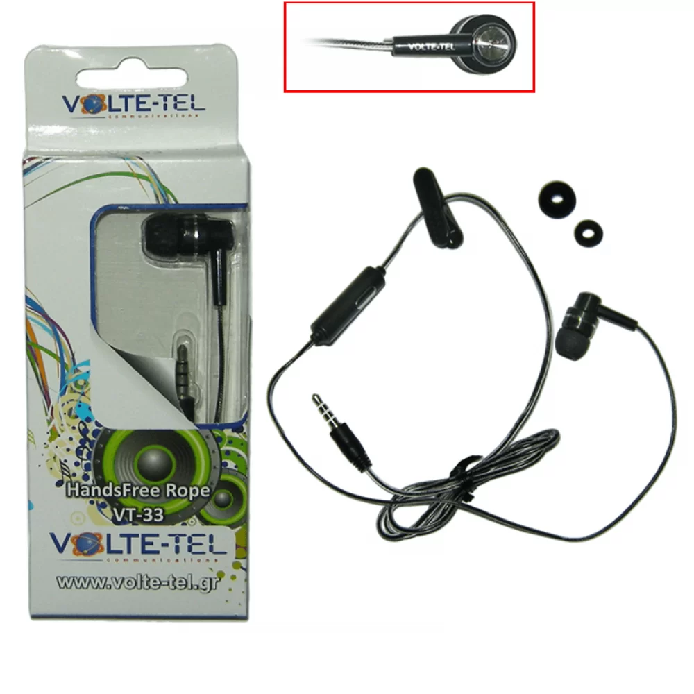 matshop.gr - HANDS FREE UNIVERSAL 3.5mm ROPE BLACK VOLTE-TEL VT33 ON/OFF