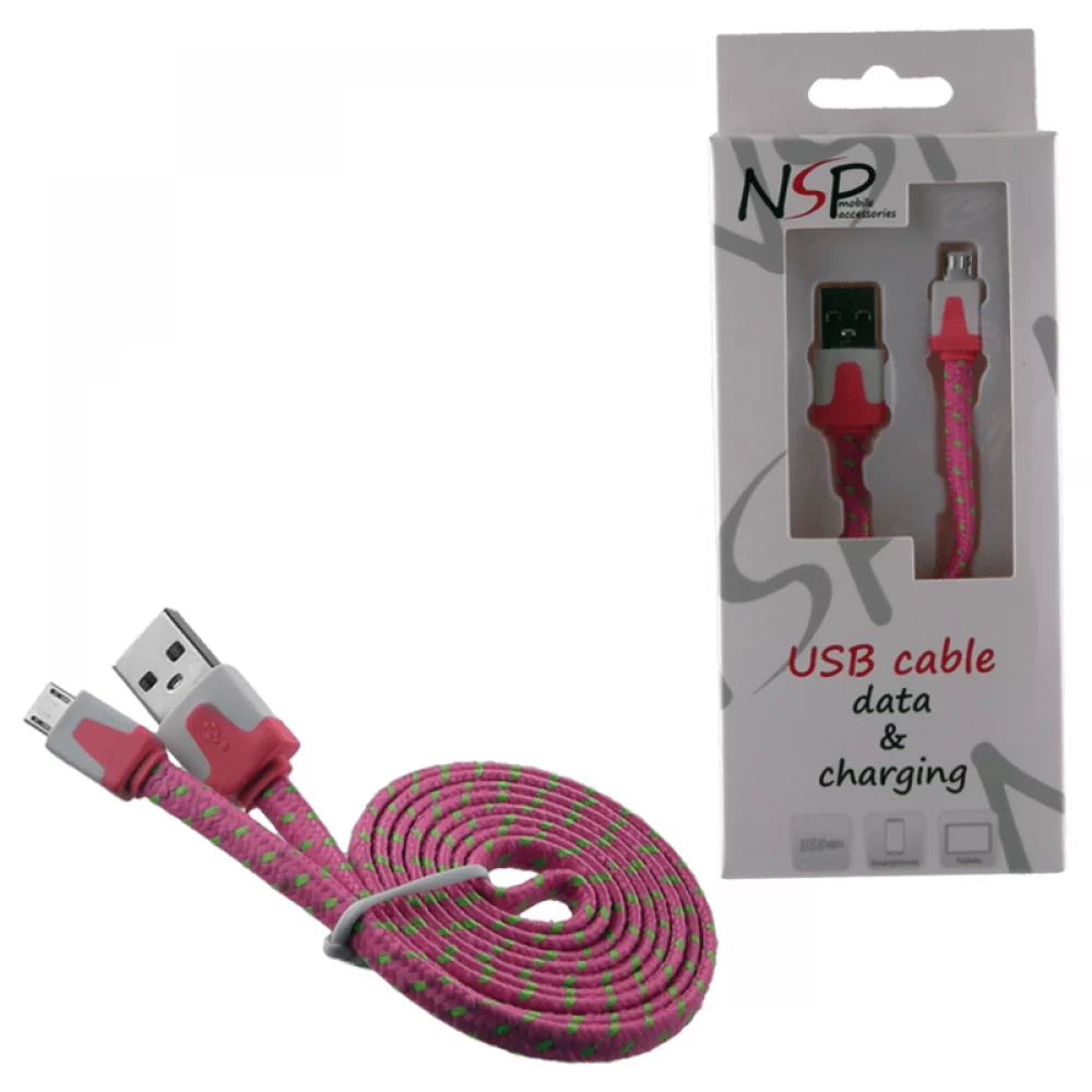 matshop.gr - NSP MICRO USB FLAT BRAIDED 6mm USB 2.1A ΦΟΡΤ.-DATA 1m PINK