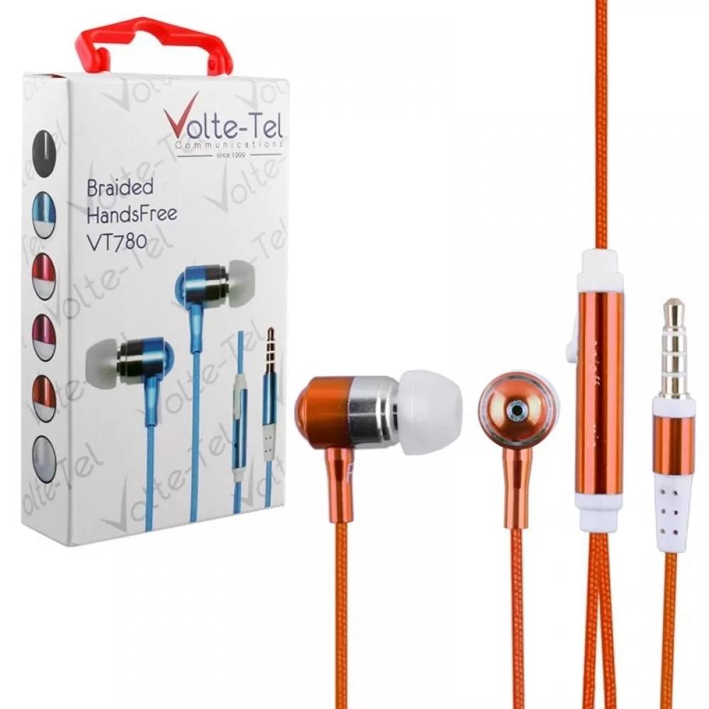 matshop.gr - HANDS FREE UNIVERSAL 3.5mm 1.2m BRAIDED VT780 STEREO ON/OFF ORANGE VOLTE-TEL