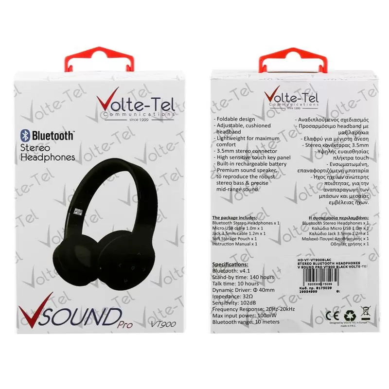 matshop.gr - VOLTE-TEL STEREO BLUETOOTH HEADPHONES V SOUND PRO VT900 BLACK