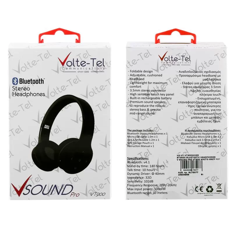 matshop.gr - VOLTE-TEL STEREO BLUETOOTH HEADPHONES V SOUND PRO VT900 WHITE-GREY-RED