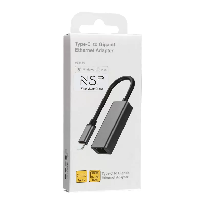 matshop.gr - NSP N08 ADAPTER USB 3.1 TYPE C TO RJ45 GIGABIT ETHERNET ADAPTOR WITH LED 1000Mbps BLACK