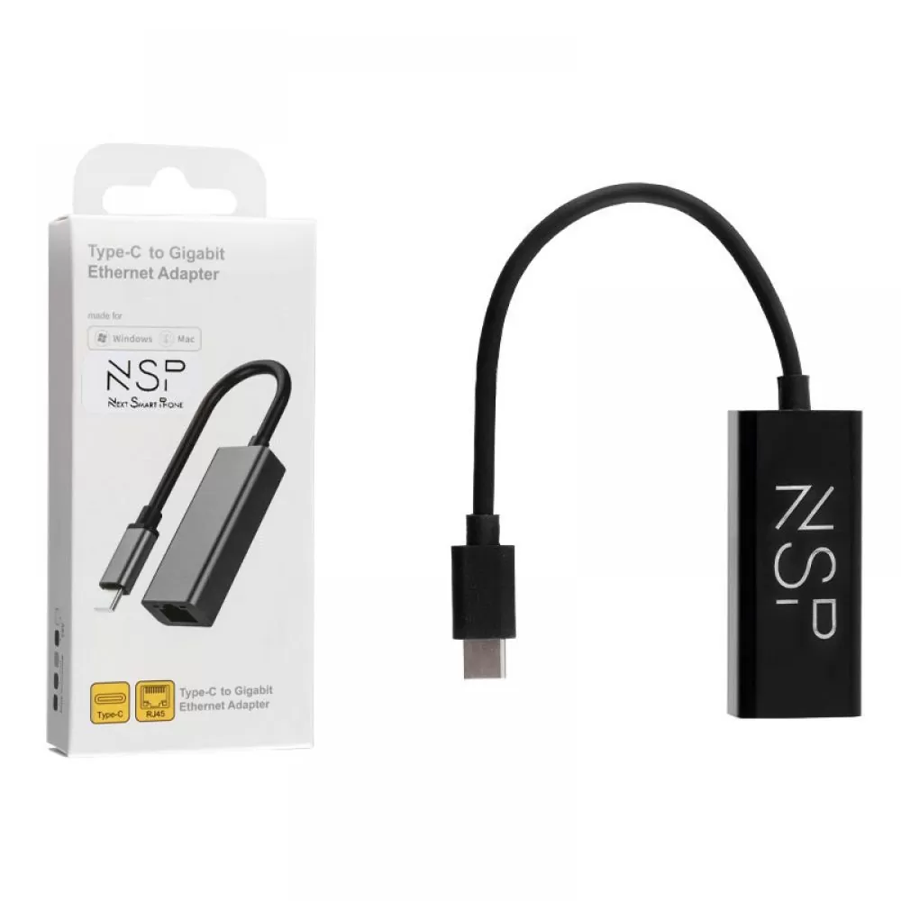 matshop.gr - NSP N08 ADAPTER USB 3.1 TYPE C TO RJ45 GIGABIT ETHERNET ADAPTOR WITH LED 1000Mbps BLACK