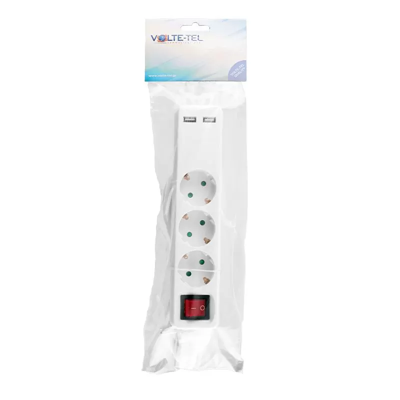 matshop.gr - VOLTE-TEL ΠΟΛΥΠΡΙΖΟ 3 ΣΟΥΚΟ ΜΕ ΔΙΑΚΟΠΤΗ-2 USB 2.4A - ΠΑΙΔΙΚΗ ΠΡΟΣΤΑΣΙΑ (3x1.5mm) 1.5m ΑΣΠΡΟ