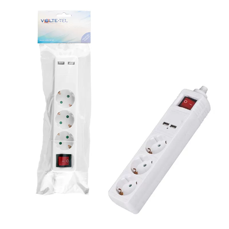 matshop.gr - VOLTE-TEL ΠΟΛΥΠΡΙΖΟ 3 ΣΟΥΚΟ ΜΕ ΔΙΑΚΟΠΤΗ-2 USB 2.4A - ΠΑΙΔΙΚΗ ΠΡΟΣΤΑΣΙΑ (3x1.5mm) 1.5m ΑΣΠΡΟ