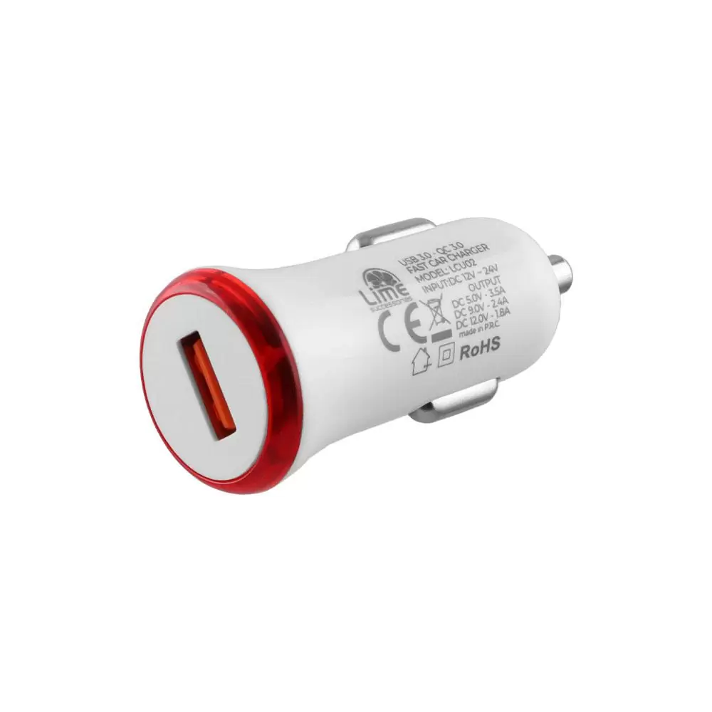 matshop.gr - LIME ΦΟΡΤΙΣΤΗΣ ΑΥΤΟΚΙΝΗΤΟΥ USB 3.0 FAST CAR CHARGER QC 3.0 LCU02 20W 5V-3.5A/9V-2.4A/12V-1.8A WHITE