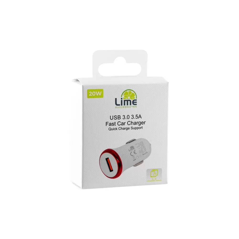 matshop.gr - LIME ΦΟΡΤΙΣΤΗΣ ΑΥΤΟΚΙΝΗΤΟΥ USB 3.0 FAST CAR CHARGER QC 3.0 LCU02 20W 5V-3.5A/9V-2.4A/12V-1.8A WHITE