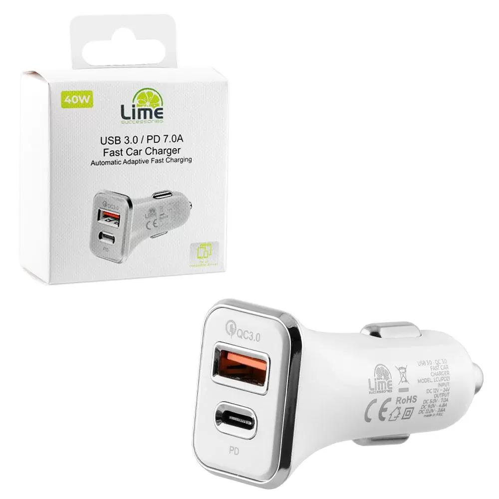 matshop.gr - LIME DUAL ΦΟΡΤΙΣΤΗΣ ΑΥΤΟΚΙΝΗΤΟΥ USB 3.0/PD TYPE C FAST CAR CHARGER QC 3.0 LCUPD21 40W 5V-7A/9V-4.8A/12V-3.6A WHITE