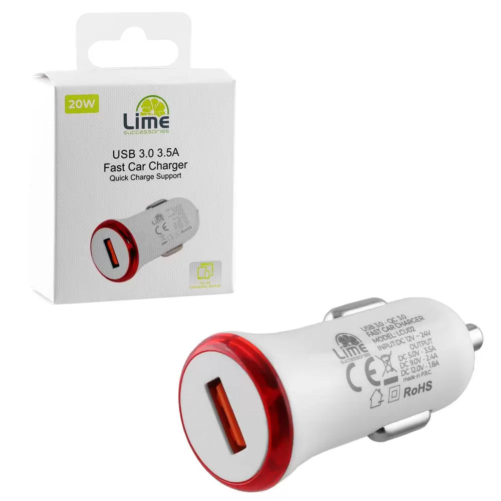matshop.gr - LIME ΦΟΡΤΙΣΤΗΣ ΑΥΤΟΚΙΝΗΤΟΥ USB 3.0 FAST CAR CHARGER QC 3.0 LCU02 20W 5V-3.5A/9V-2.4A/12V-1.8A WHITE