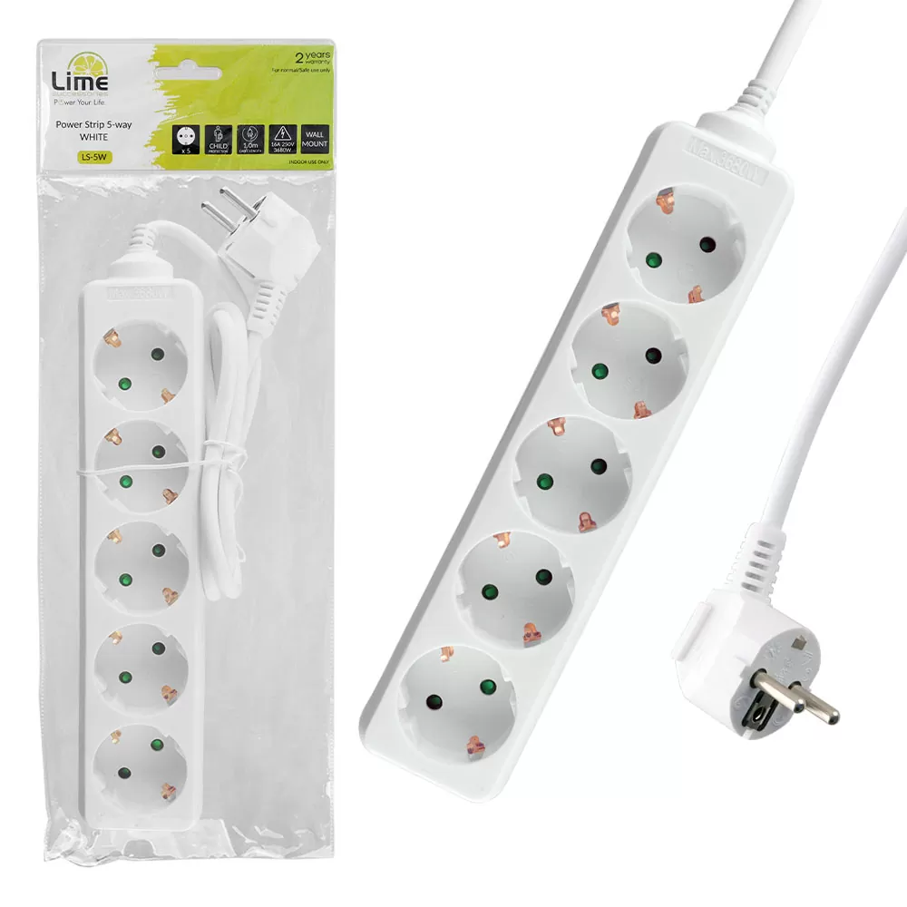 matshop.gr - LIME ΠΟΛΥΠΡΙΖΟ 5 ΣΟΥΚΟ LS-5W 16A ΜΕ ΠΑΙΔΙΚΗ ΠΡΟΣΤΑΣΙΑ (3x1.0mm) 1.0m ΑΣΠΡΟ