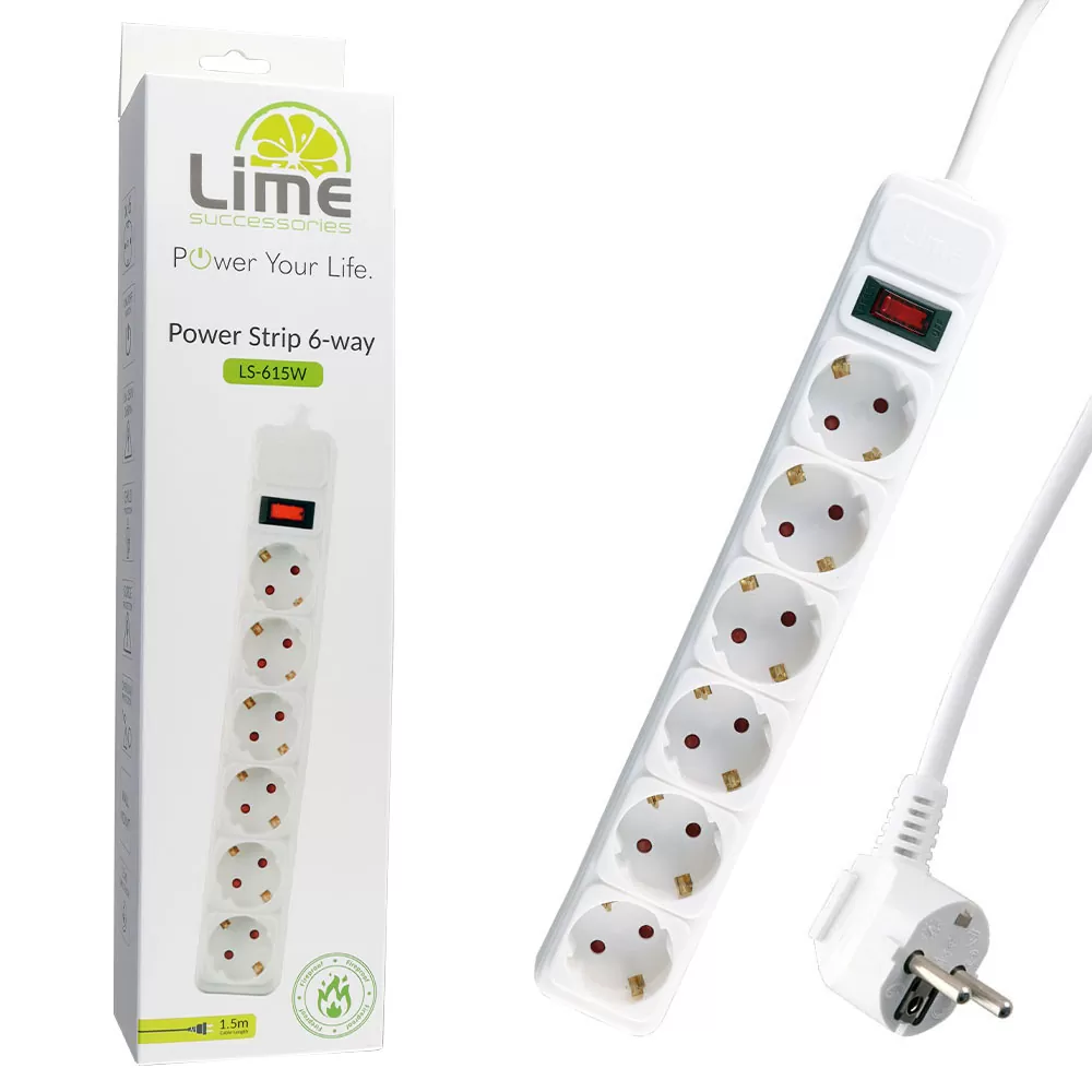 matshop.gr - LIME ΠΟΛΥΠΡΙΖΟ 6 ΣΟΥΚΟ LS-615W ΜΕ ΔΙΑΚΟΠΤΗ - ΠΑΙΔΙΚΗ ΠΡΟΣΤΑΣΙΑ ΥΠΕΡΤΑΣΗΣ & ΥΠΕΡΦΟΡΤΩΣΗΣ (3x1.5mm2) 1.5m ΑΣΠΡΟ