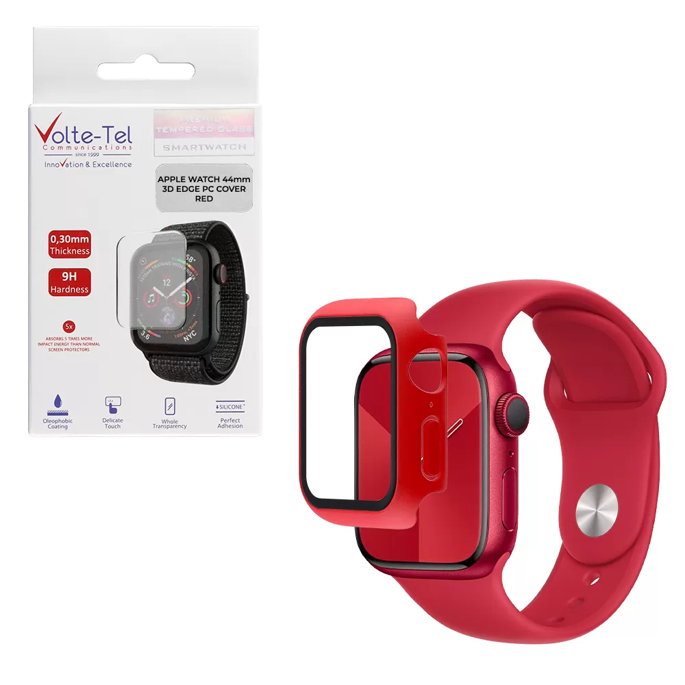 matshop.gr - VOLTE-TEL TEMPERED GLASS APPLE WATCH 44mm 1.78" 9H 0.30mm PC EDGE COVER WITH KEY 3D FULL GLUE FULL COVER RED