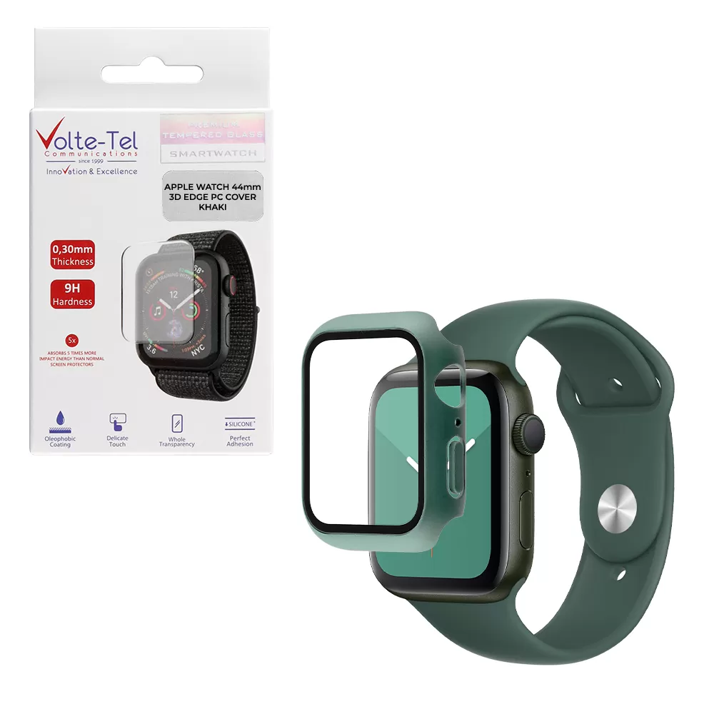 matshop.gr - VOLTE-TEL TEMPERED GLASS APPLE WATCH 44mm 1.78" 9H 0.30mm PC EDGE COVER WITH KEY 3D FULL GLUE FULL COVER KHAKI