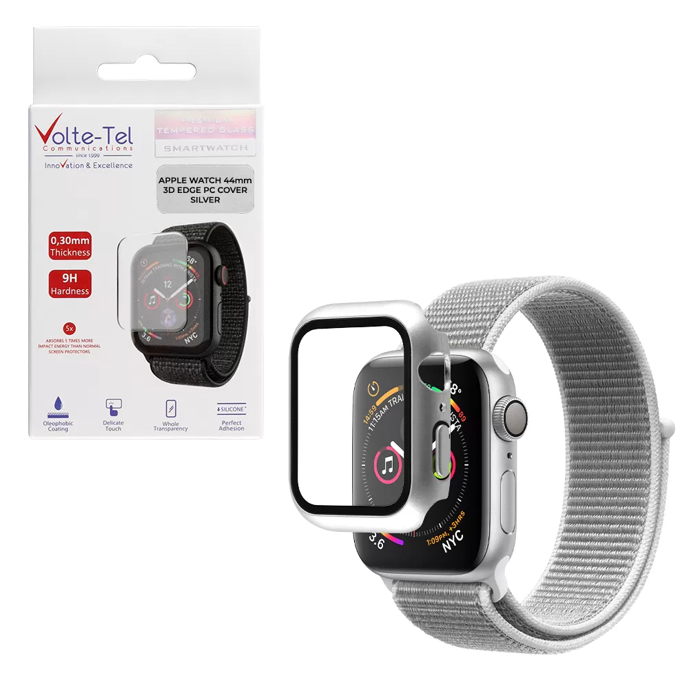 matshop.gr - VOLTE-TEL TEMPERED GLASS APPLE WATCH 44mm 1.78" 9H 0.30mm PC EDGE COVER WITH KEY 3D FULL GLUE FULL COVER SILVER