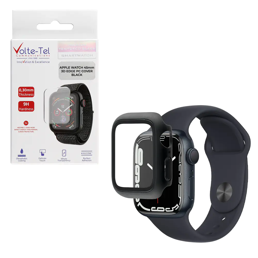 matshop.gr - VOLTE-TEL TEMPERED GLASS APPLE WATCH 45mm 1.78" 9H 0.30mm PC EDGE COVER WITH KEY 3D FULL GLUE FULL COVER BLACK