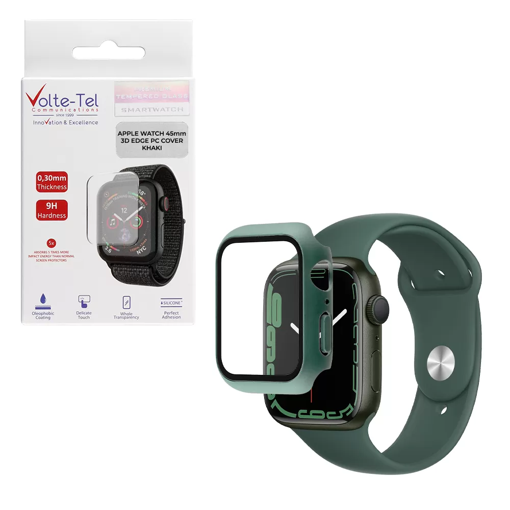 matshop.gr - VOLTE-TEL TEMPERED GLASS APPLE WATCH 45mm 1.78" 9H 0.30mm PC EDGE COVER WITH KEY 3D FULL GLUE FULL COVER KHAKI