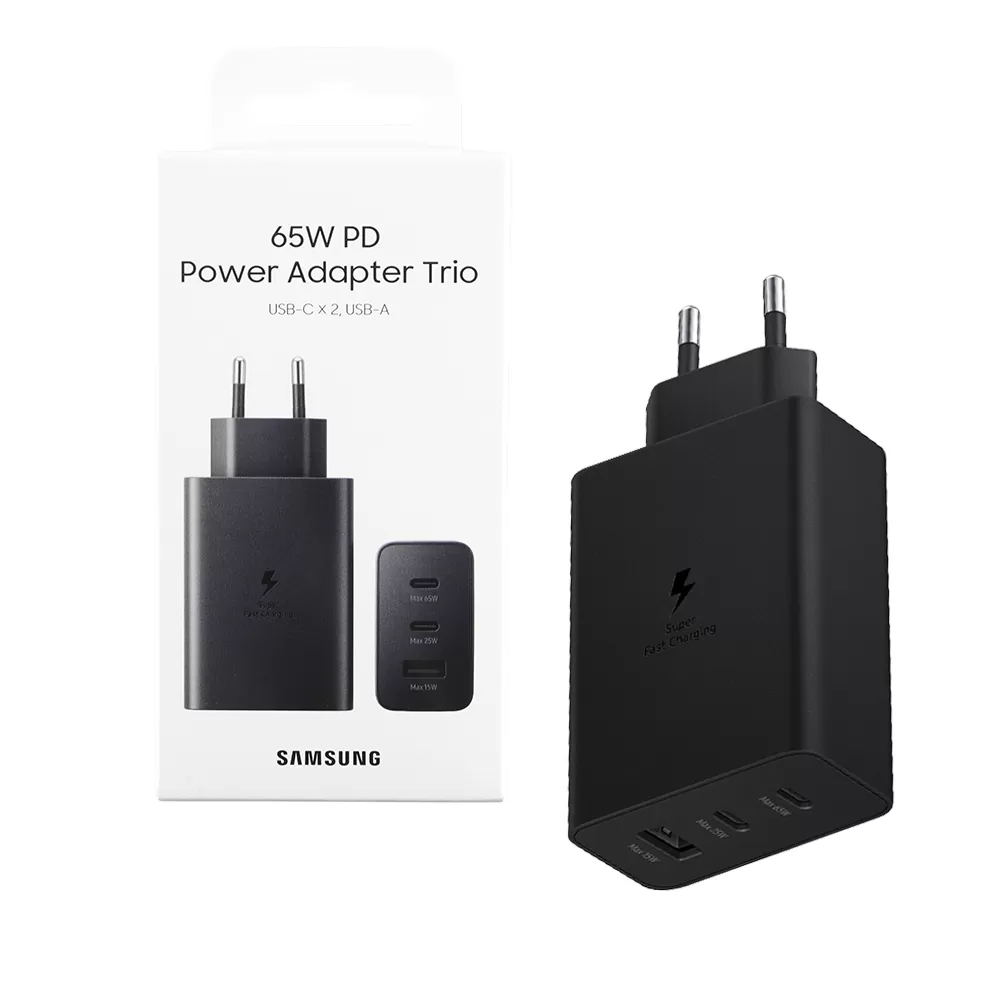 matshop.gr - TRAVEL SAMSUNG EP-T6530NBEGEU TRIO PD 3.0 USB A 15W 5V 2A/9V 1.67A+USB C 5V 3A/9V 3A/15V 3A/20V 3.25A+USB C 65W BLACK PACKING OR
