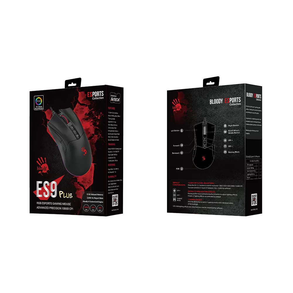 matshop.gr - BLOODY ΕΝΣΥΡΜΑΤΟ ΠΟΝΤΙΚΙ ES9 PLUS ΜΕ 2 ΕΞΤΡΑ ΠΛΗΚΤΡΑ USB RGB ESPORTS GAMING MOUSE 10,000 CPI BLACK GR