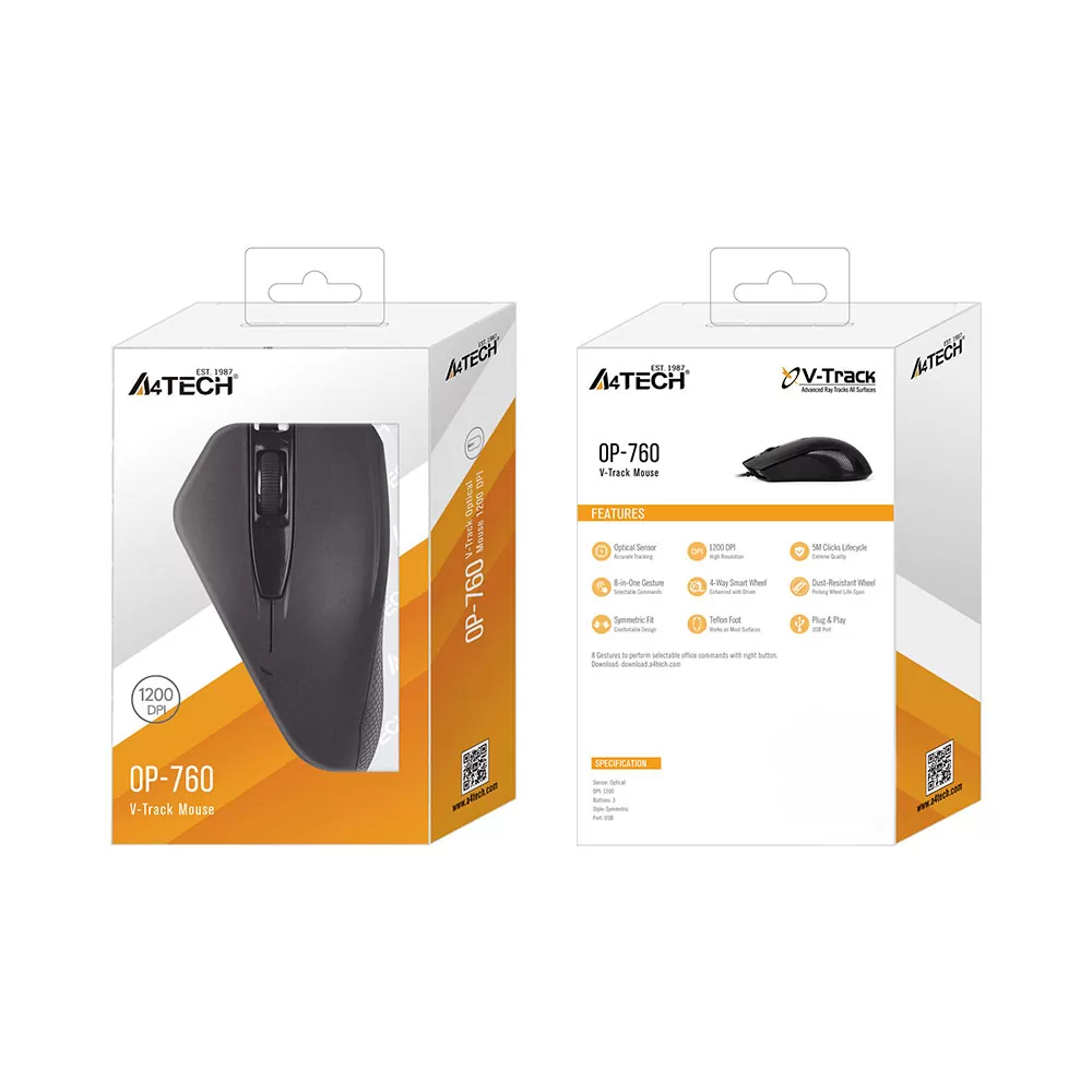 matshop.gr - A4 TECH ΕΝΣΥΡΜΑΤΟ ΠΟΝΤΙΚΙ OP-760 WIRED MOUSE 1200 DPI BLACK GR