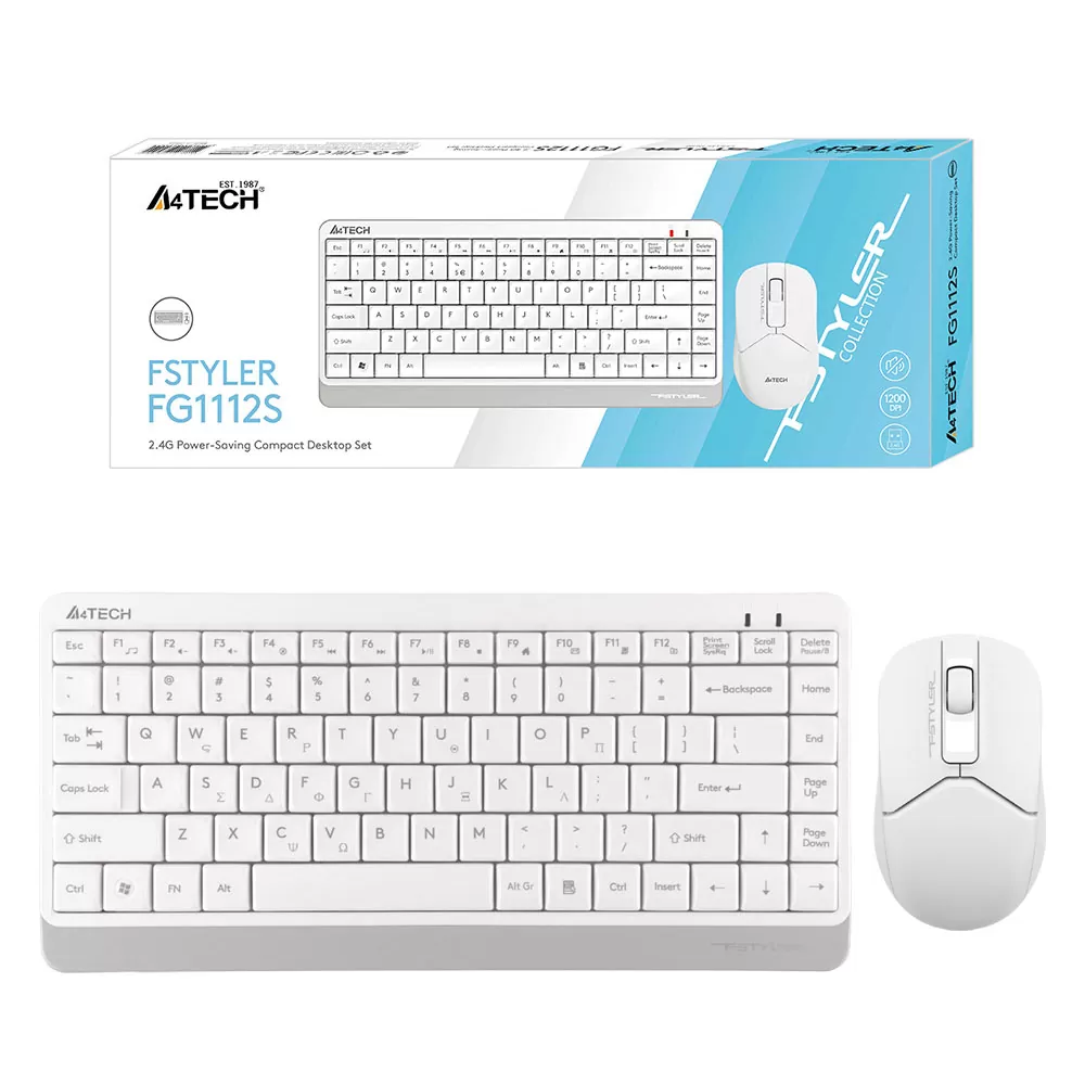 matshop.gr - A4 TECH FSTYLER COMBO FG1112S ΑΣΥΡΜΑΤΟ ΠΛΗΚΤΡΟΛΟΓΙΟ Η/Υ USB FGK-11 EN/GR + ΑΣΥΡΜΑΤΟ ΠΟΝΤΙΚΙ FG12S ΑΘΟΡΥΒΟ CLICK WHITE GR