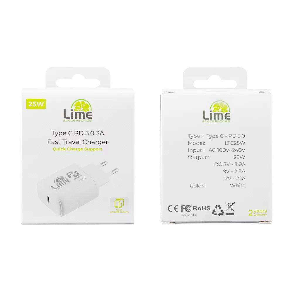 matshop.gr - LIME TYPE C PD 3.0 FAST TRAVEL QC 3.0 LTC25W 25W 5V 3.0A /9V 2.8A/12V 2.1A WHITE