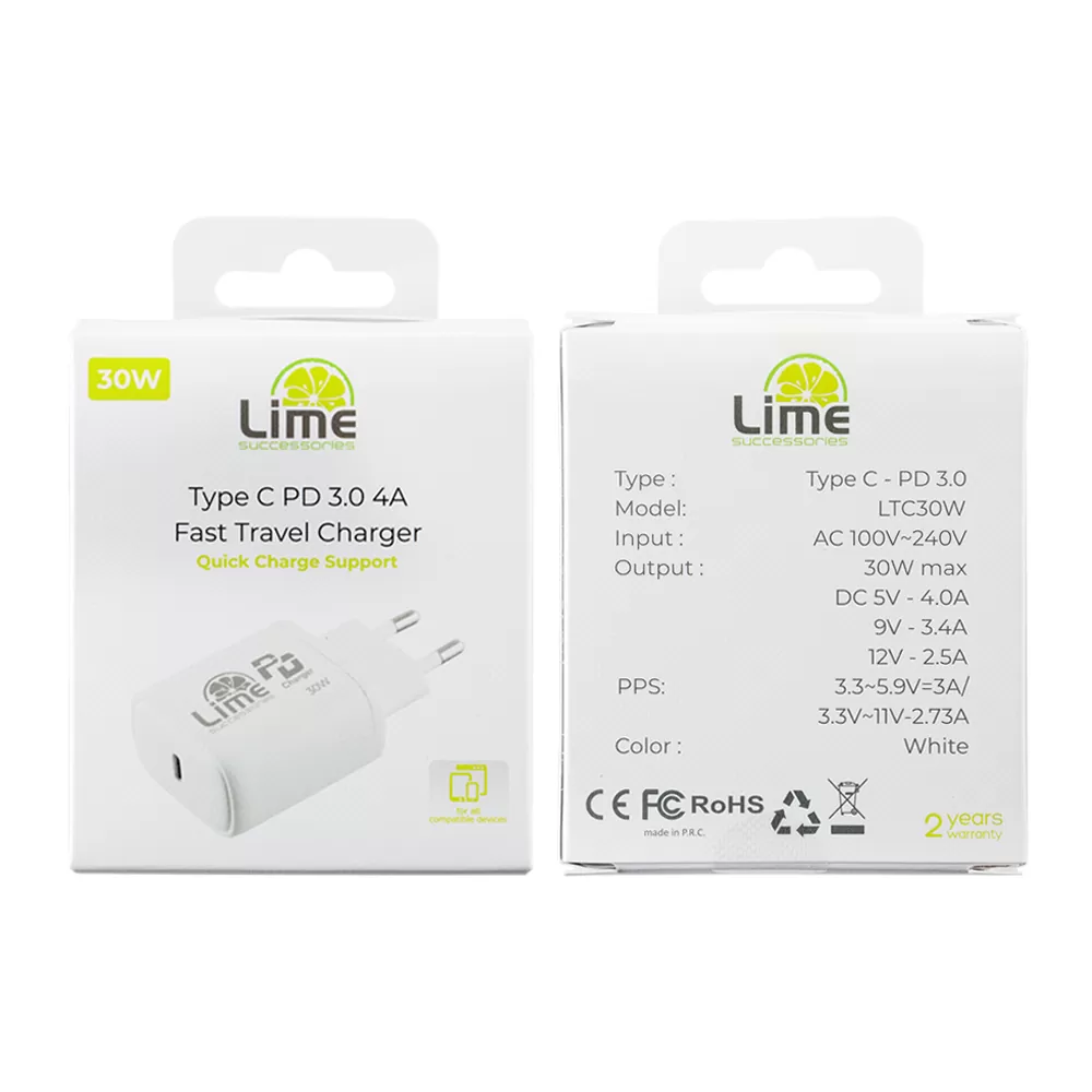 matshop.gr - LIME TYPE C PD 3.0 SUPER FAST TRAVEL QC 3.0 LTC30W 30W 5V 4.0A /9V  3.4A/12V 2.5A WHITE