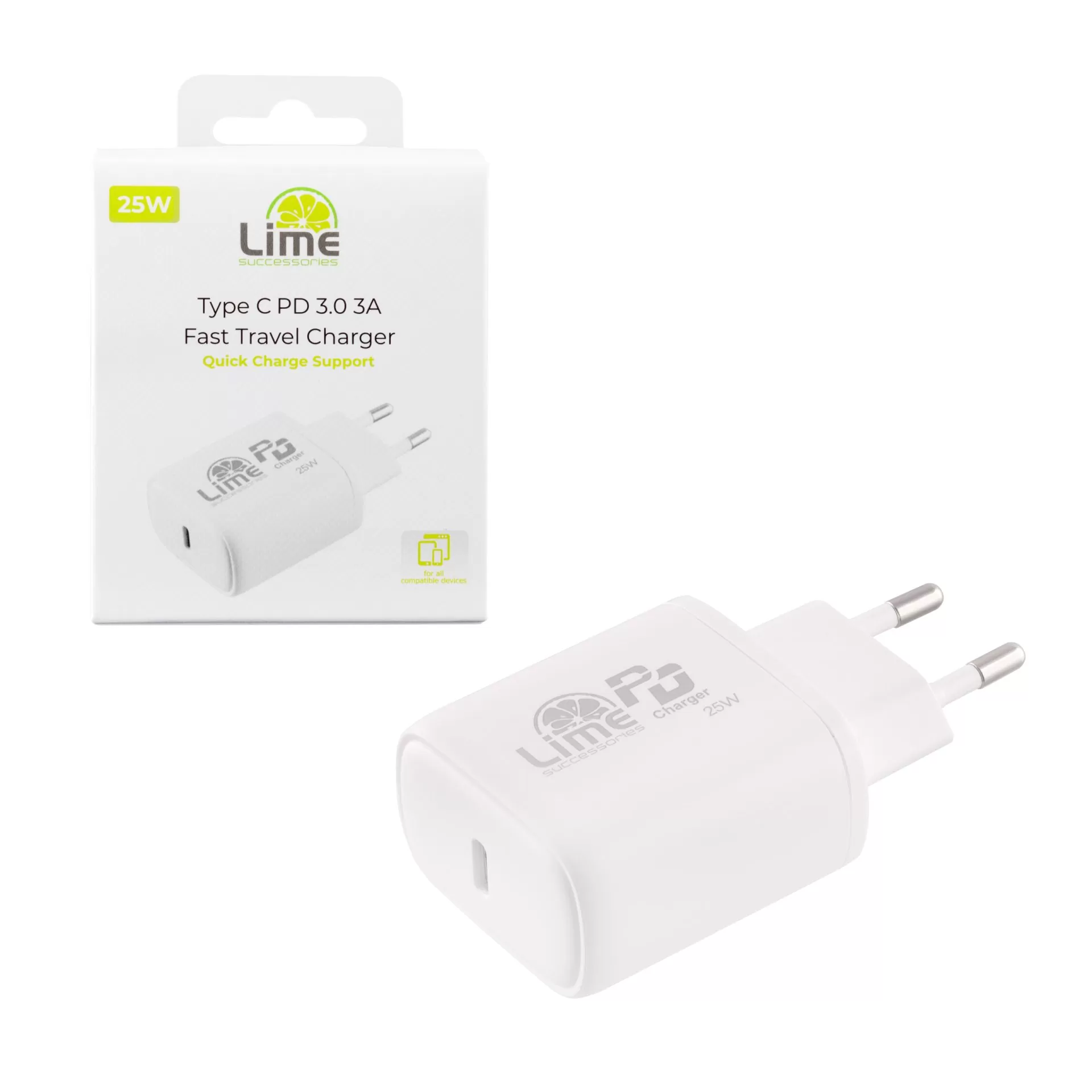 matshop.gr - LIME TYPE C PD 3.0 FAST TRAVEL QC 3.0 LTC25W 25W 5V 3.0A /9V 2.8A/12V 2.1A WHITE