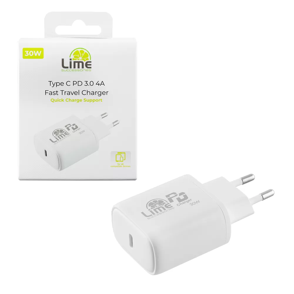 matshop.gr - LIME TYPE C PD 3.0 SUPER FAST TRAVEL QC 3.0 LTC30W 30W 5V 4.0A /9V  3.4A/12V 2.5A WHITE