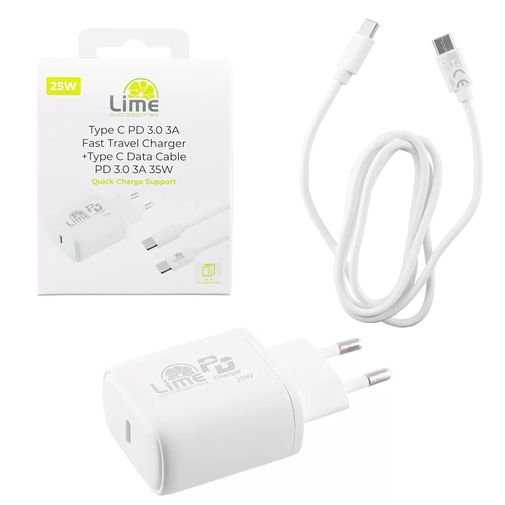 matshop.gr - LIME TYPE C PD 3.0 FAST TRAVEL QC 3.0 LTC25W 25W 3.0A  /9V+ ΦΟΡΤΙΣΗΣ-DATA LCC02 TYPE C TO TYPE C 35W WHITE