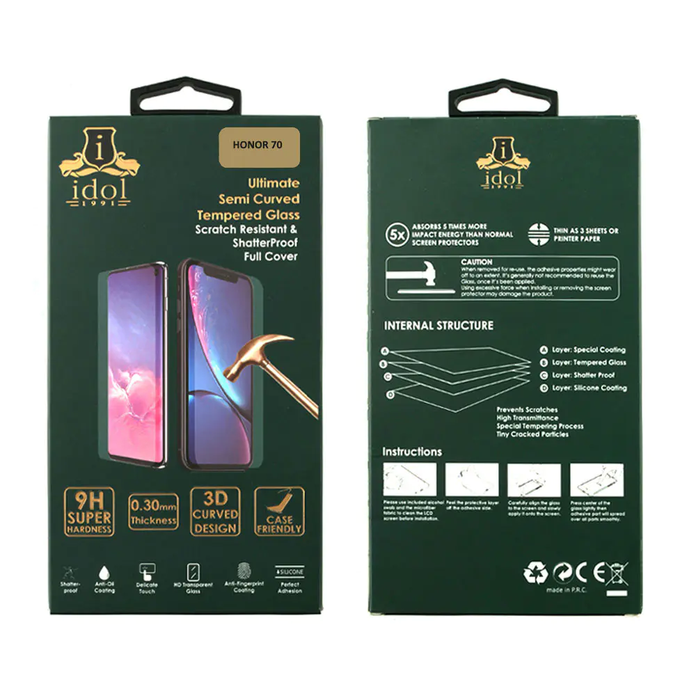 matshop.gr - IDOL 1991 TEMPERED GLASS HONOR 70 6.67" 9H 0.30mm 3D SEMI CURVED FINGER UNLOCK BLACK FULL COVER