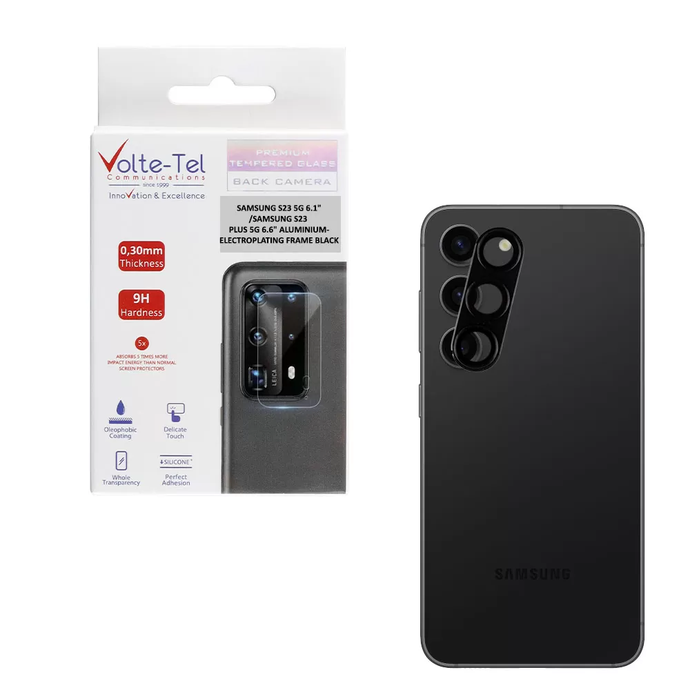 matshop.gr - VOLTE-TEL CAMERA GLASS COVER SAMSUNG S23 5G 6.1"/SAMSUNG S23 PLUS 5G 6.6" 9H 0.30MM 3D ALUMINIUM-ELECTROPLATING FRAME BLACK
