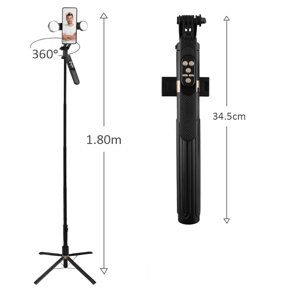 VOLTE-TEL VT139 SELFIE STICK ΤΡΙΠΟΔΟ ΜΕ ΠΤΥΣΣΟΜΕΝΟ ΜΠAΣΤΟΥΝΙ (34.5cm - 180cm) + 2 ΜΙΚΡΑ ΦΩΤΙΣΤΙΚΑ