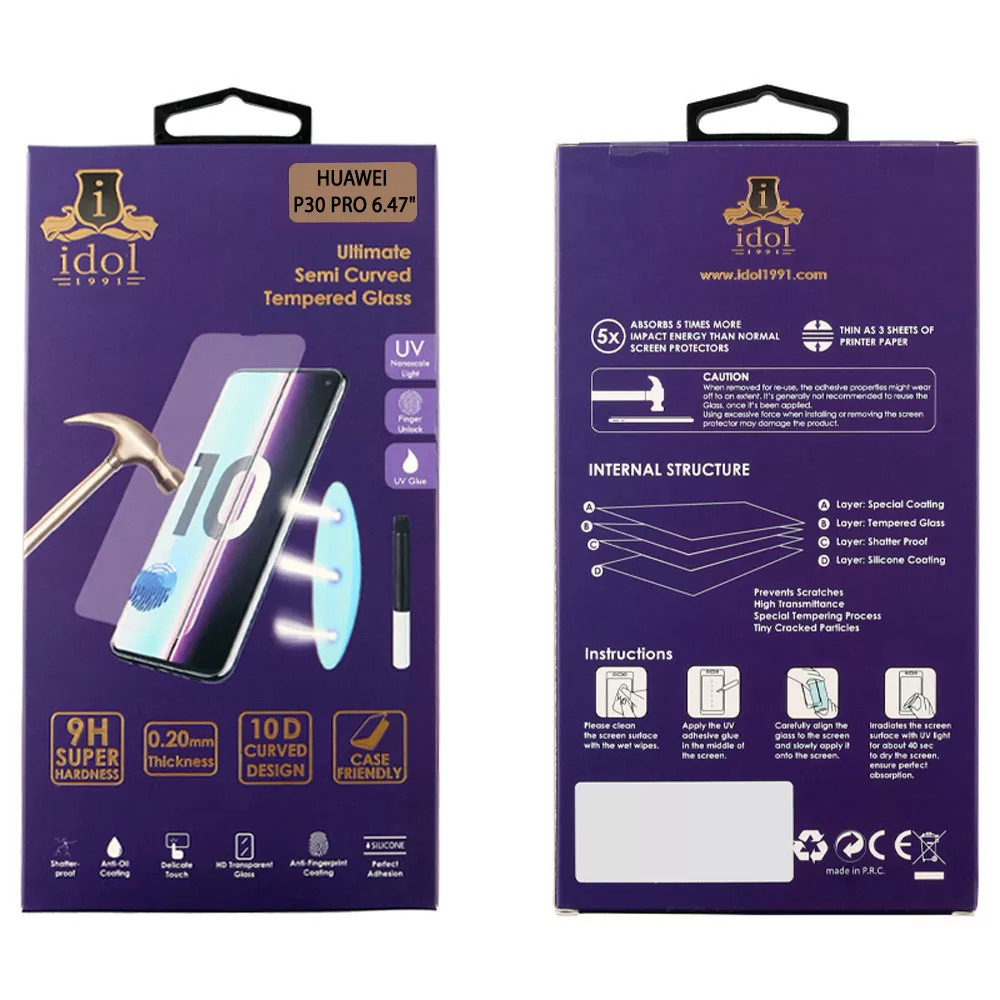 IDOL 1991 TEMPERED UV GLASS HUAWEI P30 PRO 6.47" 9H 0.20mm 10D SEMI WITH GLUE-TOOL FINGER UNLOCK FULL COVER TRANSPARENT