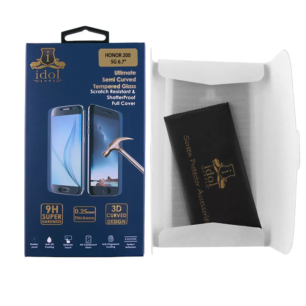 IDOL 1991 TEMPERED GLASS HONOR 200 5G 6.7" 9H 0.30mm 3D FULL GLUE SEMI CURVED FINGER UNLOCK BLACK + SQUEEZY CARD