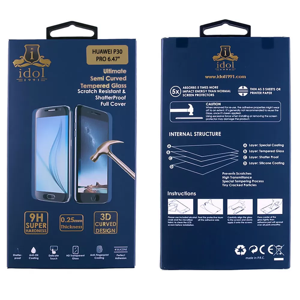 IDOL 1991 TEMPERED GLASS HUAWEI P30 PRO 6.47" 9H 0.30mm 3D FULL GLUE SEMI CURVED FINGER UNLOCK BLACK + SQUEEZY CARD