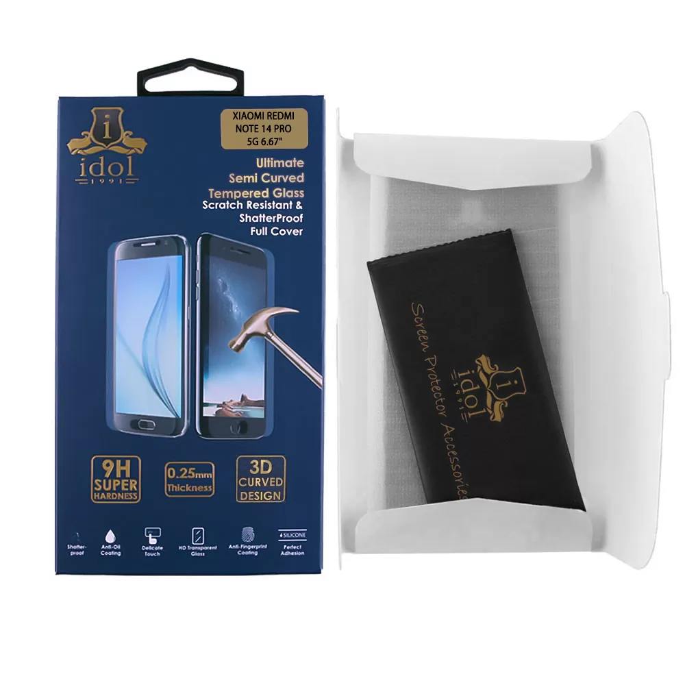 IDOL 1991 TEMPERED GLASS XIAOMI REDMI NOTE 14 PRO 5G 6.67" 9H 0.30mm 3D FULL GLUE SEMI CURVED FINGER UNLOCK BLACK+ SQUEEZY CARD