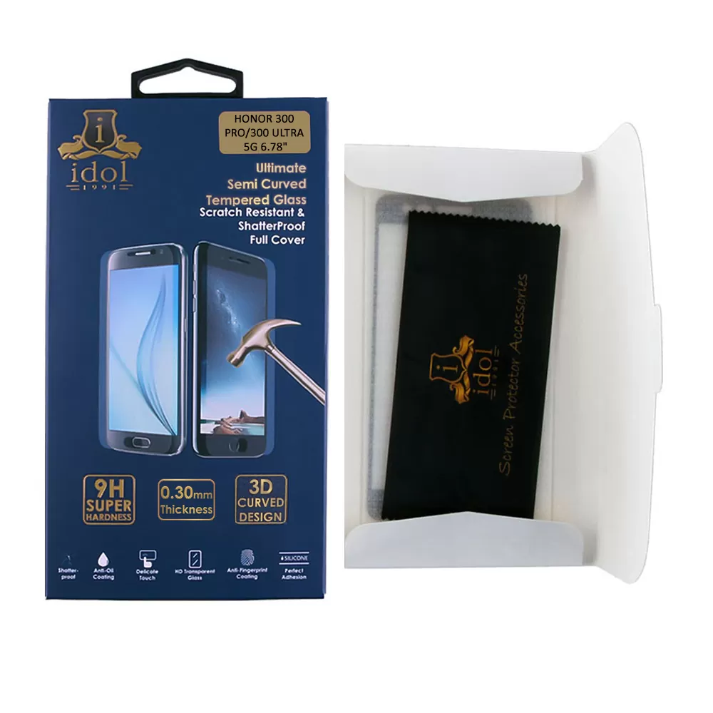 IDOL 1991 TEMPERED GLASS HONOR 300 PRO/300 ULTRA 5G 6.78" 9H 0.30mm 3D FULL GLUE SEMI CURVED FINGER UNLOCK BLACK + SQUEEZY CARD - Image 3