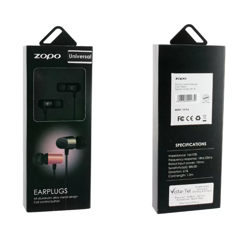 HANDS FREE STEREO ZOPO ER17B UNIVERSAL 3.5mm ALUMINIUM BLACK 1.2M PACKING OR - Image 2