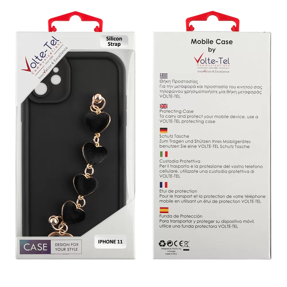 VOLTE-TEL ΘΗΚΗ IPHONE 11 6.1" SILICON TPU WITH STRAP FULL CAMERA PROTECTION BLACK WITH BLACK HEARTS - Image 2