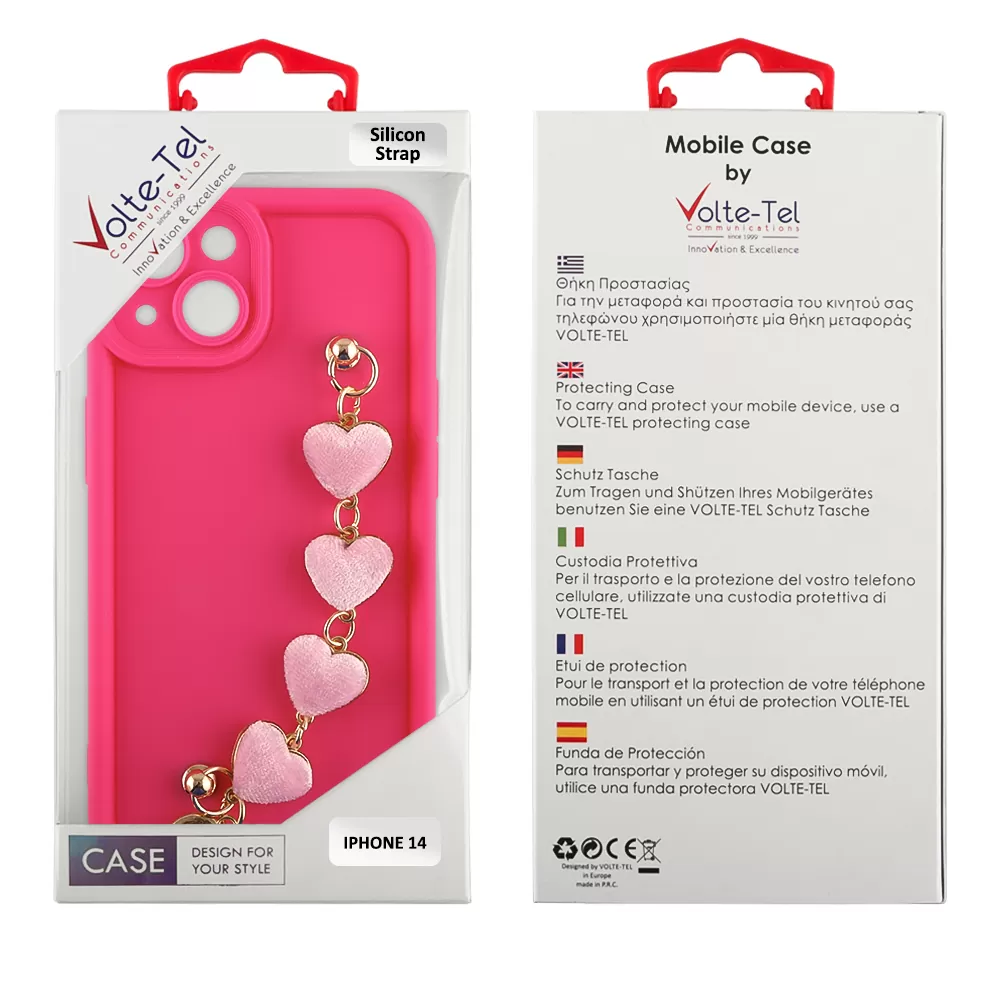 VOLTE-TEL ΘΗΚΗ IPHONE 14 6.1" SILICON TPU WITH STRAP FULL CAMERA PROTECTION PINK WITH PINK HEARTS - Image 2