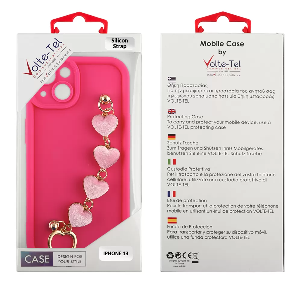 VOLTE-TEL ΘΗΚΗ IPHONE 13 6.1" SILICON TPU WITH STRAP FULL CAMERA PROTECTION PINK WITH PINK HEARTS - Image 2